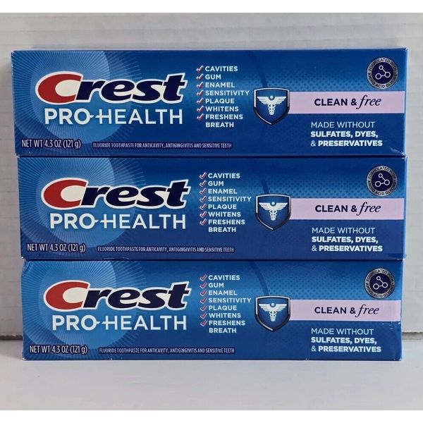 (3) Crest Pro Health Clean & Free Fluoride Toothpaste 4.3oz No Dyes No Sulfates