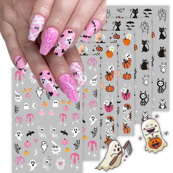 Cute Halloween Nail Art Stickers Pink Pumpkin Spooky Decals Stickers 3D Self Adhesive Star Moon Liquid Nail Supplies Adorable Bat Web Black Cat Designs Tip Manicure Decoration for Women Girls 6 Sheets