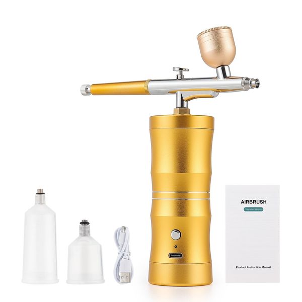 Airbrush-Kit mit Kompressor, Tragbare Kabellose Airbrush Wiederaufladbare, 170 kPa mit 3 Stufen einstellbarer Druck, Hand-Airbrush-Set, für Schminke, Kuchendekoration, Modellfärbung, Nagelkuns (GOLD)