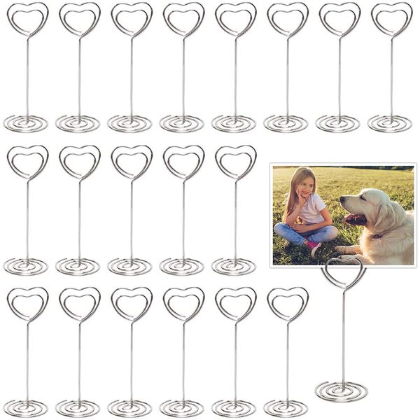 Table Number Card Holders, 25 Pack Heart Shape Table Photo Holder Table Picture Stand Place Card Holder for Paper Menu Clips (Silver)