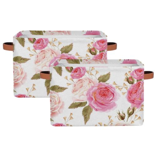 Pardick 2Pack Floral Flower Rose Large Collapsible Storage Bins,Pink Roses Decorative Canvas Fabric Storage Boxes Organizer with Handles，Rectangular Shelves Baskets Box for Home Office Nursery Closet