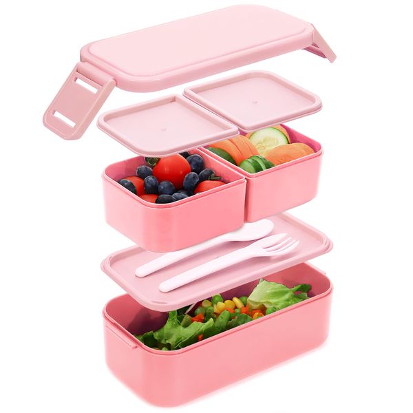 Bugucat Bento Lunch Box 1300ML,2 in 1 Stackable Lunch Box Bento Boxes,2 Layer 3 Compartments Leak Proof Lunchbox for Adults Kids,Snack Box Lunch Box with Compartments for School Office Camping Pink