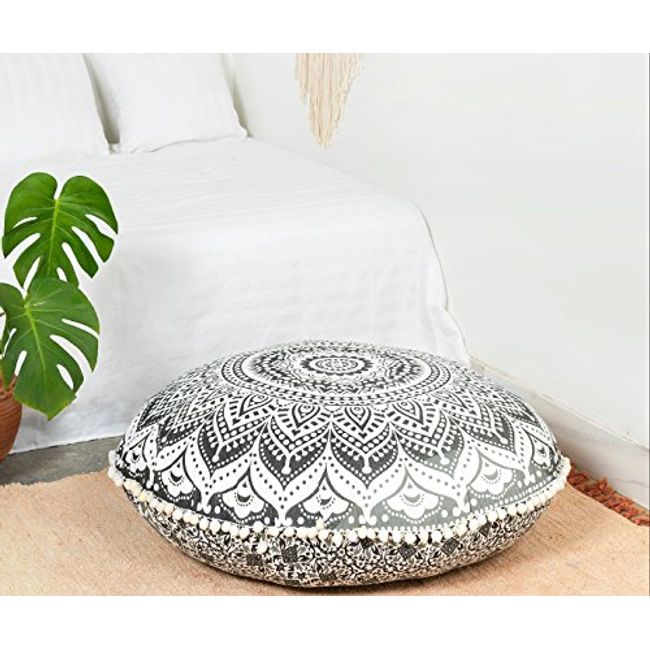 Popular Handicrafts Floor Pillow Cushion Cover - Hippie Mandala Cushion Cover Large - Pouf Cover Round Bohemian Yoga Decor, Screen Printed Design, 32" Black Grey