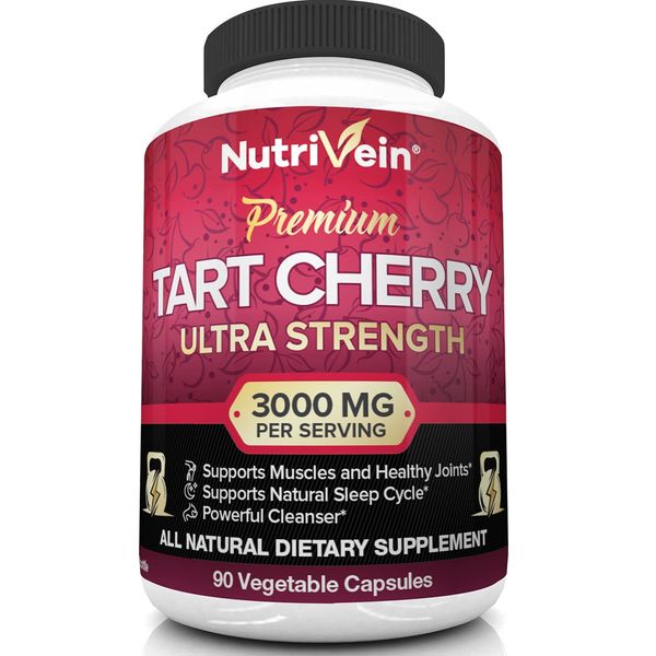 Nutrivein Tart Cherry Capsules 3000mg - 90 Vegan Pills - for Pain Relief,Pain,Muscle Recovery, Flavonoids - Uric Acid Cleanse, Juice Extract Supplement