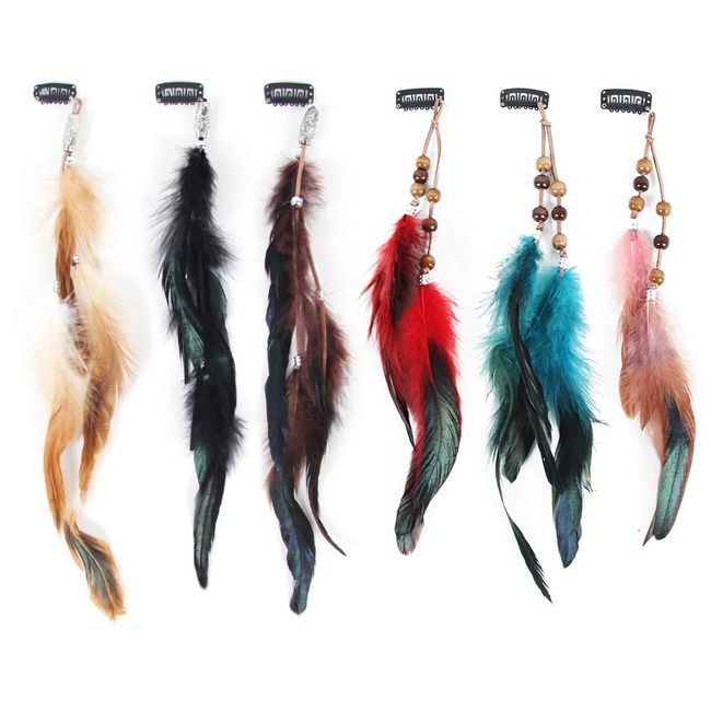 Feather Hair Clip Extensions Handmade Feather Extension Tribal Feather Braided Beads Headdress 6 PCS