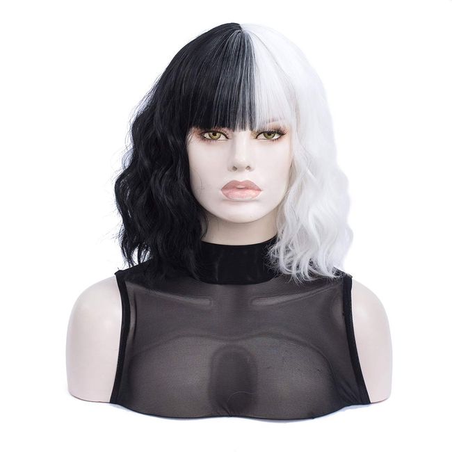 MORTICIA White and Black Wig Short Curly Women Bob Wig Full Bang Wavy Texure Heat Resistant Synthetic Short Women Wig (White and Black)