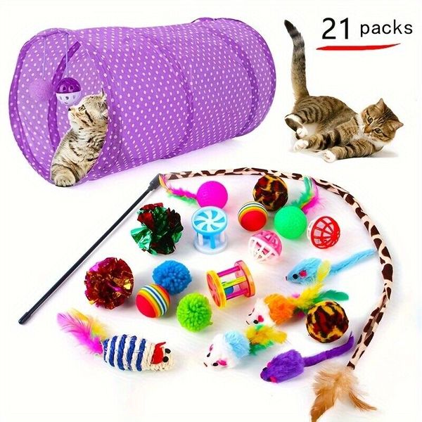 21 Pcs Interactive Cat Toys Cat Channel Teaser Stick Bell Cat Tunnel Pet Toys