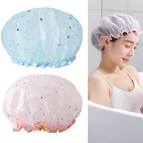 Set of 2 Shower Cap Bath Cap Hair Cap Elastic Hair Cap 2-Layer Waterproof Reusable Cute Star Pattern Flexible Beautiful Hair Cosmetic Hat Hot Spring SPA Face Washing Cap Bath Bath Supplies (? Color + Powder Color)