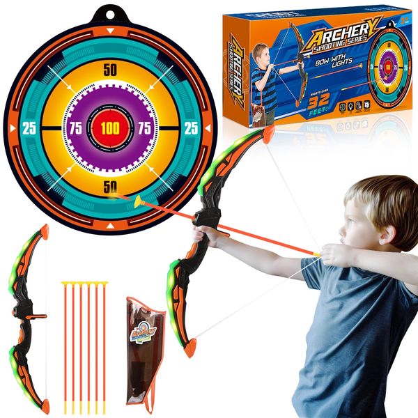 Bow and Arrow for Kids, Archery Shooting Toy Set with 1 LED Illuminated Archery Bow, 6 Suction Cup Arrows, 1 Cool Game Archery Target, 1 Quiver, Indoor Outdoor Sport Gifts for Boys Girls Ages 3-12