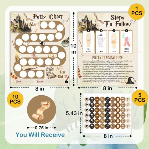 Gsauto Potty Training Chart, 10 Potty Training Reward Chart for Toilet Success, 8"x10" Magic School Routine Calendar with Stickers for Toddler Boys and Girls - A07