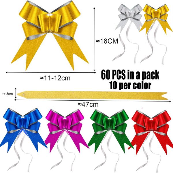 60pc 30mm Glitter Bows Christmas Pull Bows with Ribbon for Gift Wrapping,Xmas Ribbon Bow Small Gift Bow for Christmas Decoration, Presents,Hampers,Wreaths,Tree,Crafting,Baskets,Wedding Car Decoration