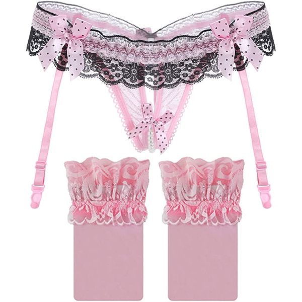 Sexy Floral Lace Garter Belt with Stockings Set Low Waist Hosiery Thong Open Design Underwear 3 Pieces Women Lingerie Set (Pink)