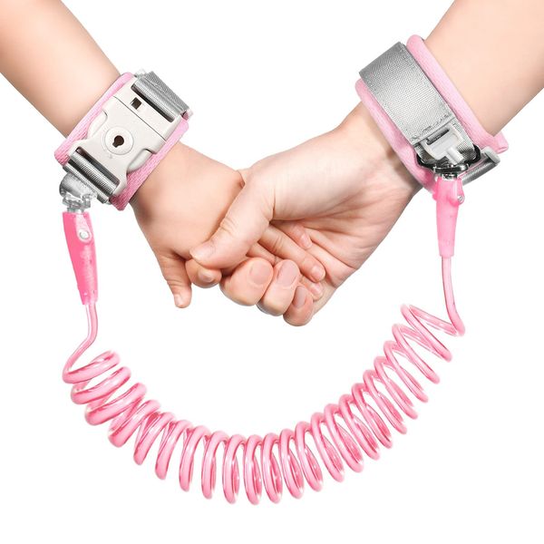 Lyneun 2m Anti verloren Handgelenk Gürtel, Kinderleine Handgelenk 360° Drehung, Leine für Kinder mit Schlüssel, Elastisches Drahtseil Schwämme Band Kinder Sicherheitsleine für Outdoor(Rosa)