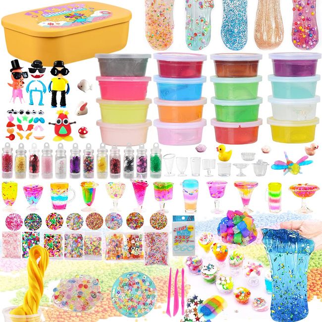 UQTOO Slime Kit, Crystal Clay, DIY Set, Toy, Handmade Tools, Fishbowl Beads, Fruit Slices, Colorful Foam Confetti, Play with Clay, 16 Pieces of Fluffy Crystal Clay, Slime