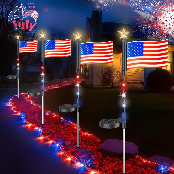 4Pack American Flags Lights Outdoor, Vibrant Red White and Blue USA Flag Patriotic Decortions, All Weather Solar Flag Light Outdoor Yard Decorations for Independence Day, President’s Day