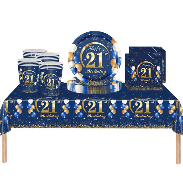 53Pcs Navy Blue Happy 21st Birthday Party Tableware Plastic Table Cloth,Paper Plates,Napkins and Cups for Man Birthday Table Decorations Disposable Party Tableware Set for Adults Birthday Party