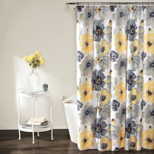Lush Decor Leah Floral Shower Curtain, 72" W x 84" L, Yellow & Gray - Pretty Yellow Shower Curtain - Colorful Blooming Flowers - Extra Long Shower Curtain - Country Cottage & Farmhouse Bathroom Decor