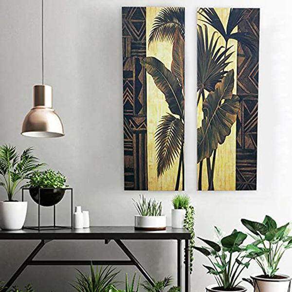 WNJAPAN Interior Art Panel Oil Painting Wall Decor Modern Balinese Painting Asian Miscellaneous Goods Hawaiian Leaf Plant Leaf 90x30cm Set of 2 07