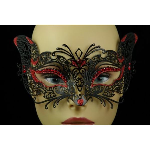 Laser Cut Venetian Halloween Masquerade Mask Costume Extravagant and Elegant Cat Detailed Inspire Design - Black w/Red Rhinestones