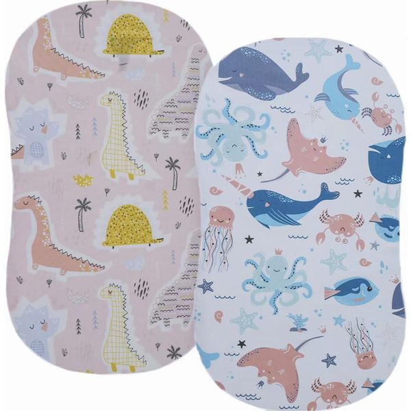 Stretchy Ultra Soft Fitted Bassinet Sheet Set 2 Pack, Universal Fit for Bassinets Baby Cradle Moses Basket Oval Rectangle Pad/Mattress, Dinosaurs Bassinet Sheets for Girls and Boys