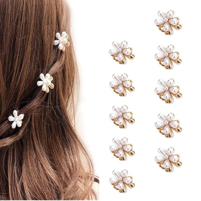 10 Pcs Small Pearl Hair Clips Mini Pearl Claw Clips with Flower Design, Sweet Artificial Bangs Clips Decorative Hair Accessories for Women Girls