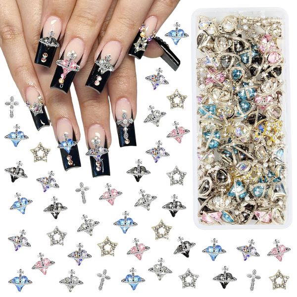 40PCS Planet Nail Charms, 3D Cross Nail Charms for Acrylic Nails Shiny Saturn Shape Nail Art Alloy Diamond Star Nail Gems for Women Girls DIY Nail Art Decoration