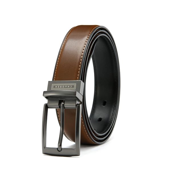 CHAOREN Most Size Boys Reversible Belt Easy to Use, Kids Leather Belt 1.25" Width, Black & Brown (Cognac) Dress Belt with Gift Box