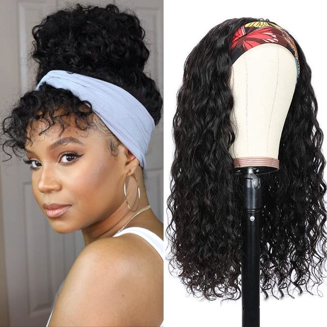 Claudianie Water Wave Headband Wig Human Hair for Black Women 14 Inch Wet and Wave Headband Wig Brazilian Virgin Hair Glueless None Lace Front Water Wave Wigs Human Hair Natural Black 150% Density