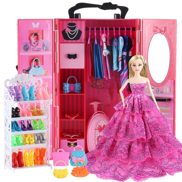 Vueos 106Pcs Doll Clothes and Accessories Closet Wardrobe Playset for 11.5 Inch Girl Dolls Including Wardrobe, Shoes Rack ,Suitcase, Clothes, Dresses, Swimsuits, Shoes Hangers, Necklace ,Bags