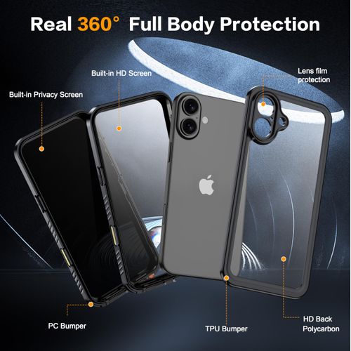 AMILIFECASES for iPhone 16 Plus Case Waterproof, Built-in Privacy Screen & HD Screen Double Front Frame [IP68 Underwater] Shockproof Dustproof Full Body Protection iPhone 16 Plus Phone Case Black