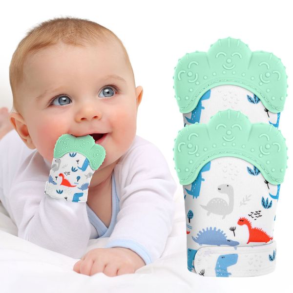 Vicloon Baby Teething Set, 2 Pack Teething Mittens for Baby, Includes 2 Silicone Mitten Teether Glove,Dinosaur Teething Glove, Infant Soothing Pain Relief Mitt Baby Teether Mits for Baby