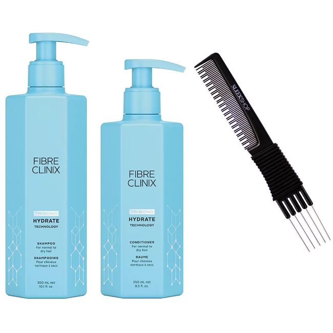 Sleekshop Comb + Schwarzkapf FIBRE CLINIX Hydate SHAMPOO & CONDITIONER for Normal to Dry Hair DUO SET KIT, Hydrating Tribond Technology for Hair Repair Rescue Sealed Ends (w/ Sleek Premium Carbon Teasing Comb) Fiber Clinic Hair (Hydrate Shampoo (10 oz) + 