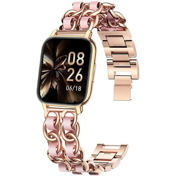 Popglory 1.85" Smart Watch Bands, Jewelry Chain Metal Wristband with Leather Women Bracelet Replacement with Popglory 1.85'' P66 Smart Watch/LESHIDO/LESHIDO CS08 1.85" Smart Watch/CS08/P66 Smart Watch