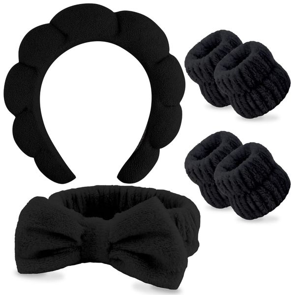 AOPRIE SPA Headbands for Washing Face Makeup Headbands with Bow Hair Band Women Facial Head Band Wrist Towel Wraps For Shower Face Mask Black, 6 Pack