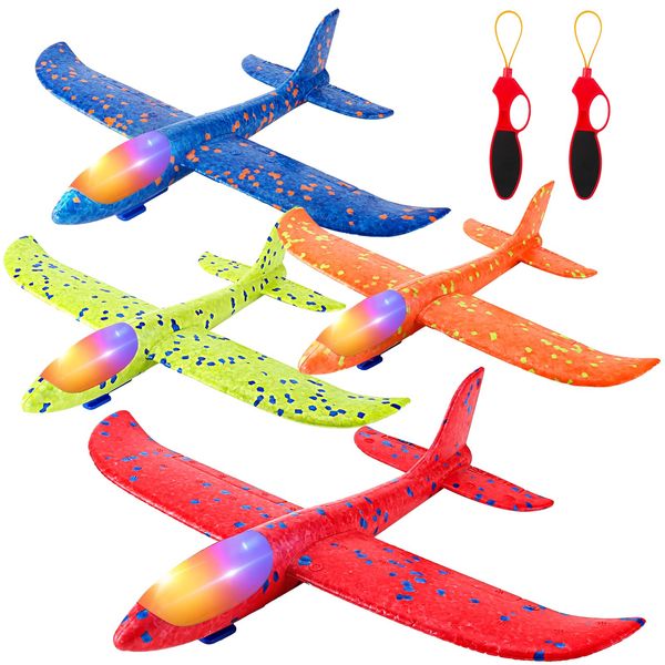 SpringFlower 4 Pack Airplane Flying Toys, 4 Throwing Foam Plane Toy for 3 4 5 6 7 8 Years Old Boys Kids, 2 Flight Modes LED Foam Glider Plane, Outdoor Flying Toy Birthday Gifts for for Boys & Girls