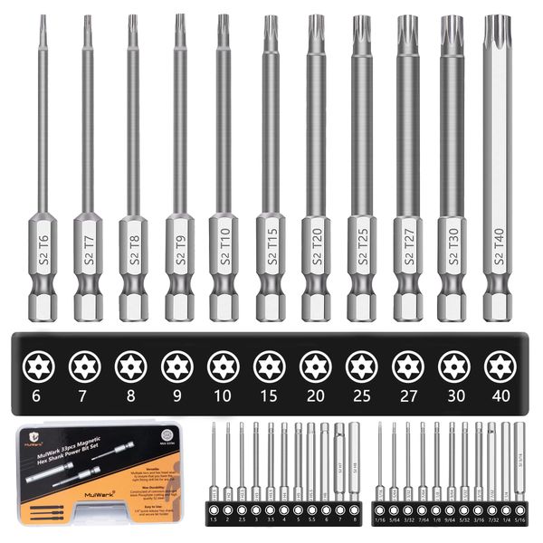 MulWark Hex Head Allen Wrench Drill Bit Set 33pcs (11pc Metric, 11pc SAE, 11pc Tamperproof Torx), 2.3" Long 1/4" Diameter Quick Release Shank Magnetic Screwdriver Bit Set for Assembling Furniture