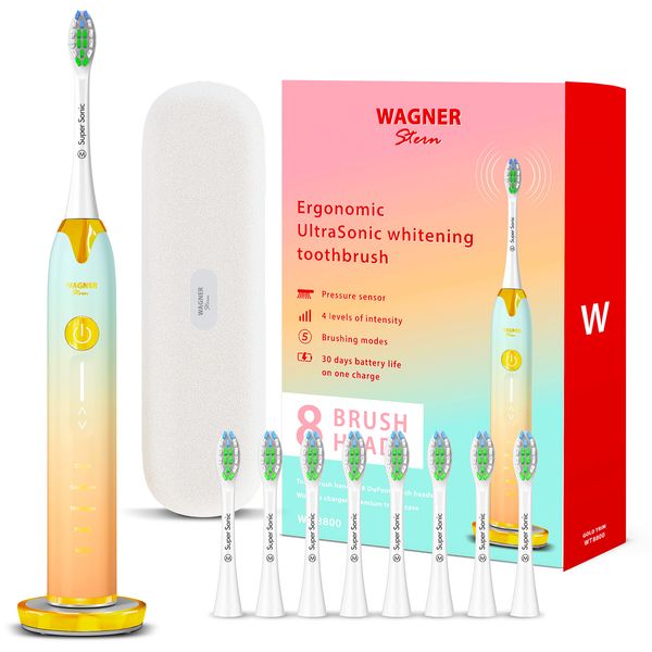 Wagner & Stern Ultrasonic whitening Toothbrush with Pressure Sensor. 5 Brushing Modes and 4 Intensity Levels with 3D Sliding Control, 8 Dupont Bristles, Premium Travel Case.