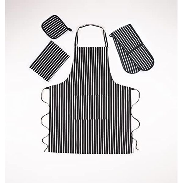 100% Cotton Heat Resistant Stripe Double Oven Glove Mitt for Home Kitchen Restaurant Hot Oven Pots Kitchen Tray Pans,Set of 4-Black