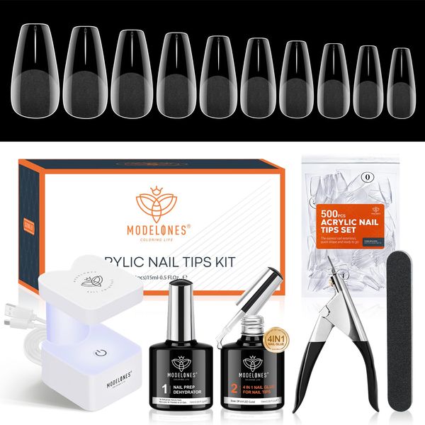 modelones Nail Tips and Glue Gel Kit, Gel x Nail Kit with 4-in-One Nail Glue, 500Pcs Nail Tips Half Matte Medium Coffin Shape, Mini LED Nail Lamp, Nail Dehydrator for Fast Extension Salon Nail Art