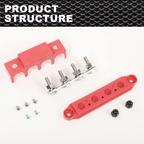 PIT66 12V 250A Power Distribution Block Bus Bar w/ 4 x 5/16"(M8) Studs,4 Post Battery Busbar Terminal Block Fit for Automotive Car RV Truck Marine Solar and Electrical Equipment, Red