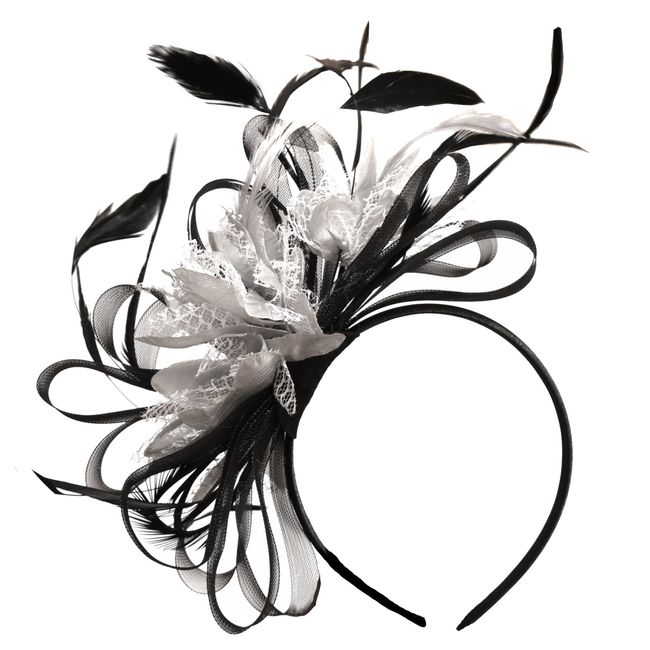 Black and Silver Fascinator Headband Hair Ascot Wedding, Unisize