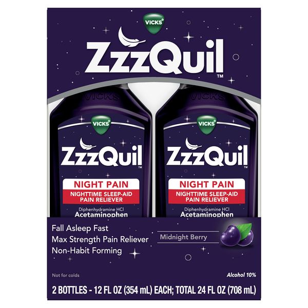 ZzzQuil Vicks Night Pain Liquid, Nighttime Sleep-Aid Pain Reliever, Midnight Berry Flavored, 2x12 FL OZ