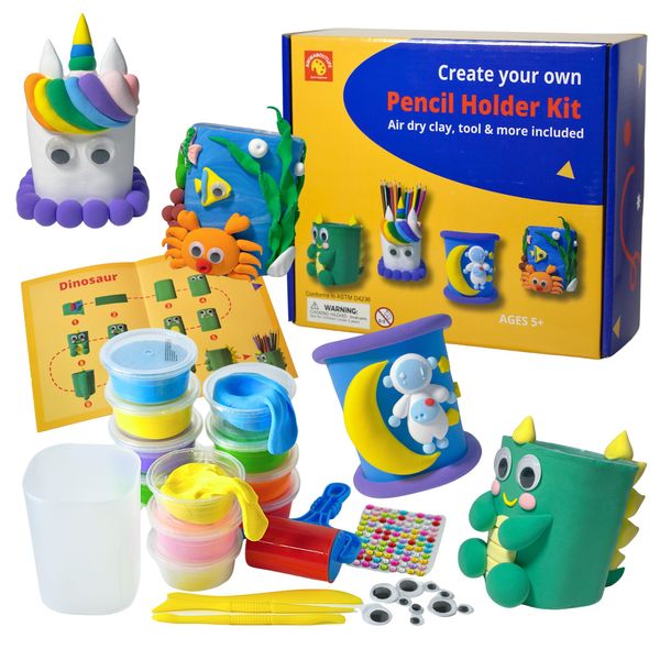 AwwAboutLife Create Your Own Pencil Holder Kit Air Dry Clay Craft DIY for Kids Peronalized Art Activity Set Holiday Birthday Gift Dinasour Unicorn Space Sea Animals Boys and Girls 5+