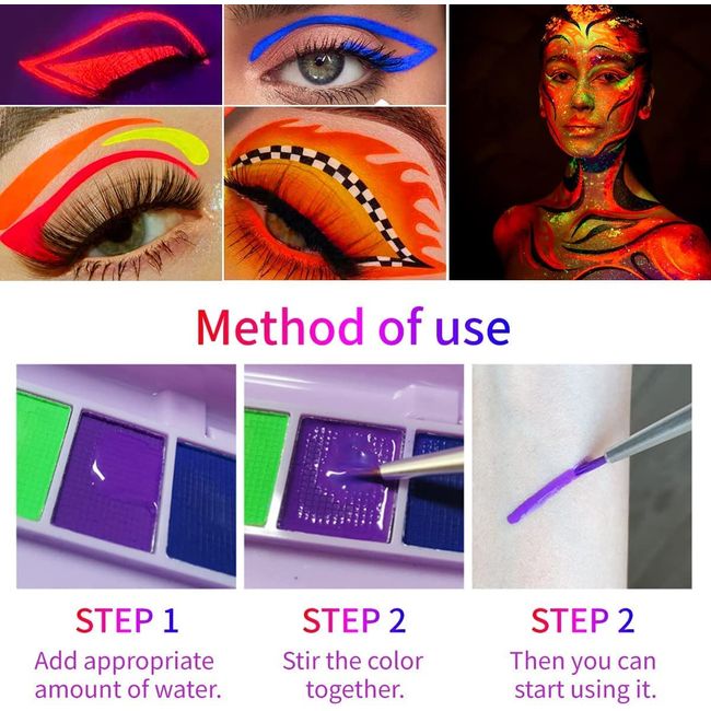 2 Packs Water Activated Eyeliner Palette,Neon Face Paint Colored  Retro,Halloween Hydra Liner,UV Glow Long-lasting Fluorescent Face and Body  Paint with