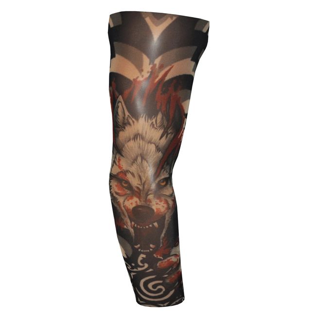 Devils Needle Fake Tattoo Sleeve Adults Halloween Dress Up Arm Cover Temporary Body Art Costume Stretch Fit Blood Wolf (T76)