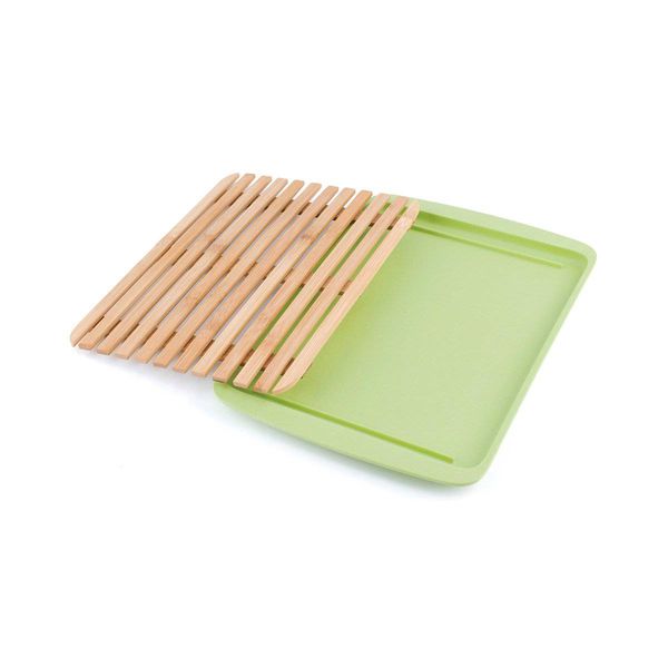 Bamboo Wood Cutting Board Lid w/ drop-through crumb spaces; on Bamboo Fibre Large Serving Tray Green