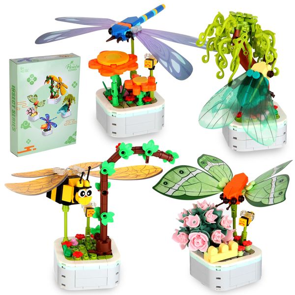 BIZNESMEN Insect Building Blocks Set - 4 Insect Flower Pots, 836PCS Exquisite Home Plant Decor Models， Ideal for Party Birthday Gifts for Adults Kids Girls Ages 6+