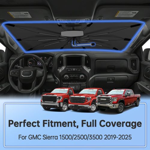 Windshield Sun Shade Umbrella for GMC Sierra 1500 2500 3500 2019-2025, Foldable Sunshade for Car Front Window, 360 Rotation Automotive Interior UV Protection for Outdoor Parking, Keep Car Cool