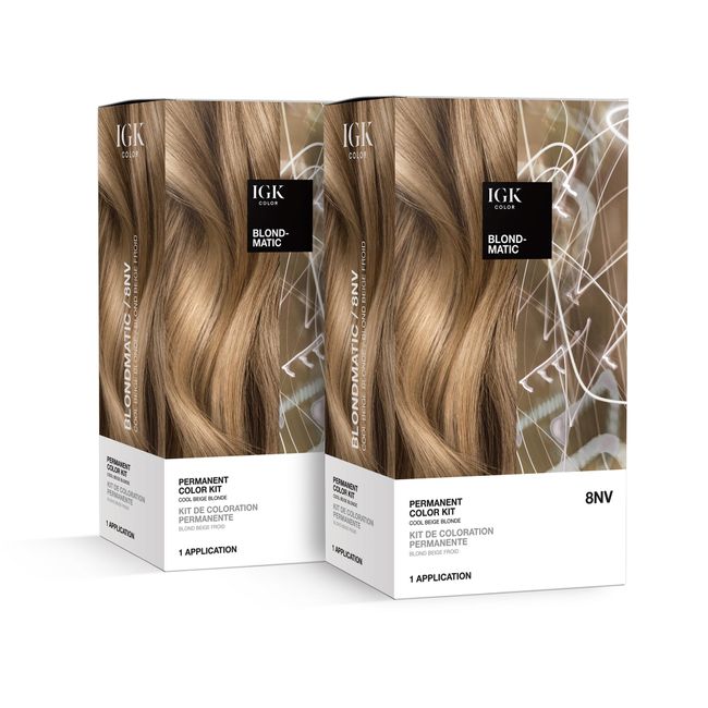 IGK Permanent Color Kit (2-Pack) BLONDMATIC - Cool Beige Blonde 8NV | Easy Application + Strengthen + Shine | Vegan + Cruelty Free + Ammonia Free |