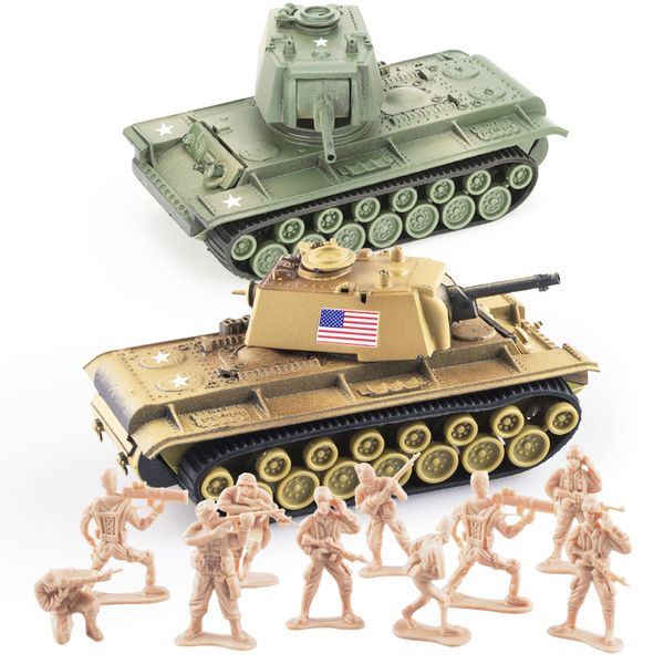 MaozyHomie WW2 Army Tank and Army Men Toys Playset, 2pc US Tank-6 Models with 10pc Toy Soldiers, Desert Tan and Olive Drab Green 1:72 Military Vehicle, Great Military Toy for Kids Boys